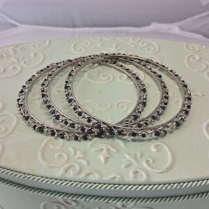 3 Boho Silver Tone Bangle Bracelets With Black Beads Woven On, Size - 8 Inches,